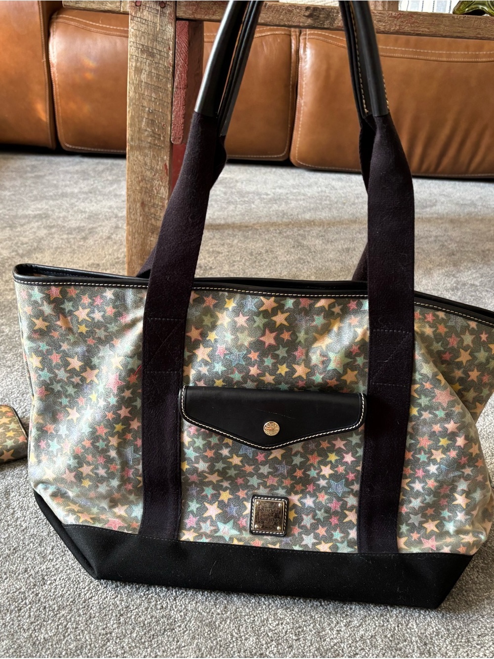 Dooney & Bourke Star Print Black Trim Tote - Multicolor Stars